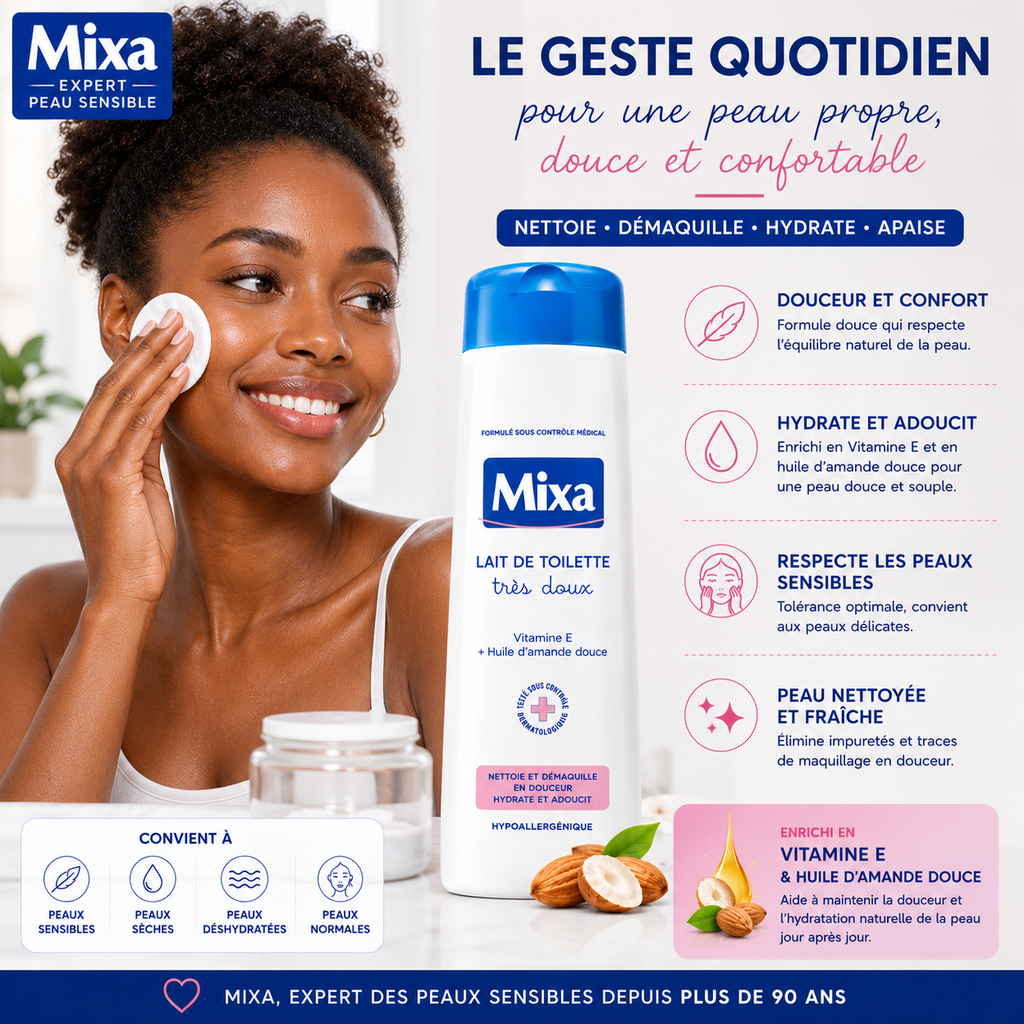Mixa Lait De Toilette Très Doux 300ml – Nettoyant & Démaquillant Doux Pour Peaux Sensibles