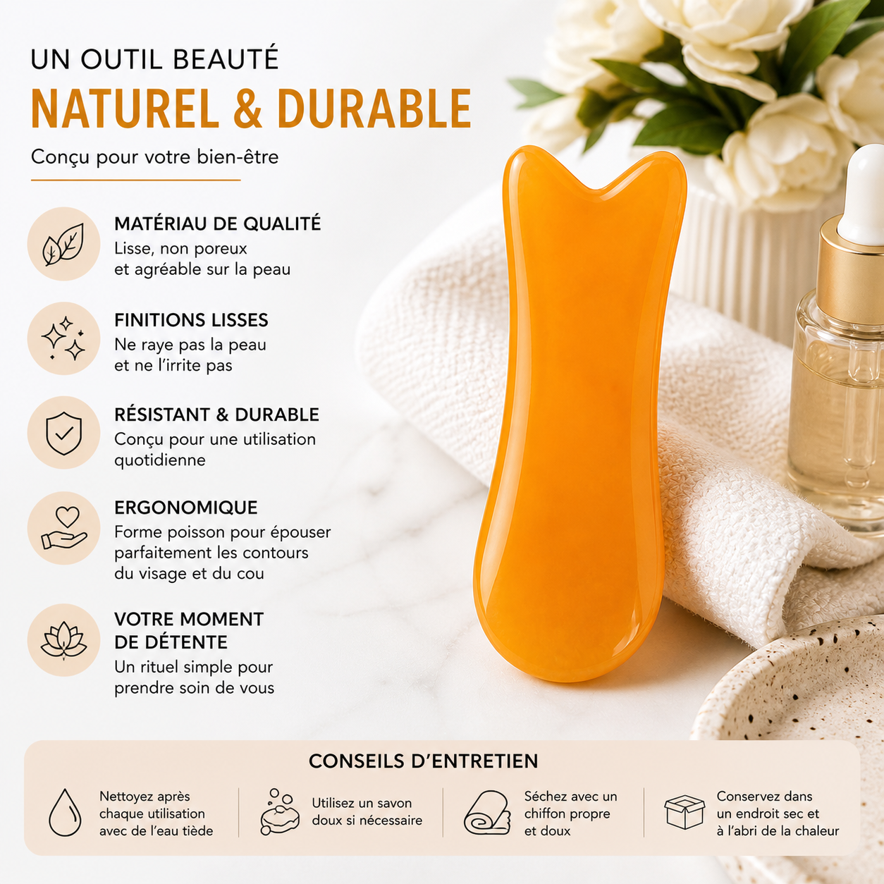Gua Sha Visage Ergonomique Forme Poisson – Outil de Massage Facial Naturel | Éclat & Relaxation