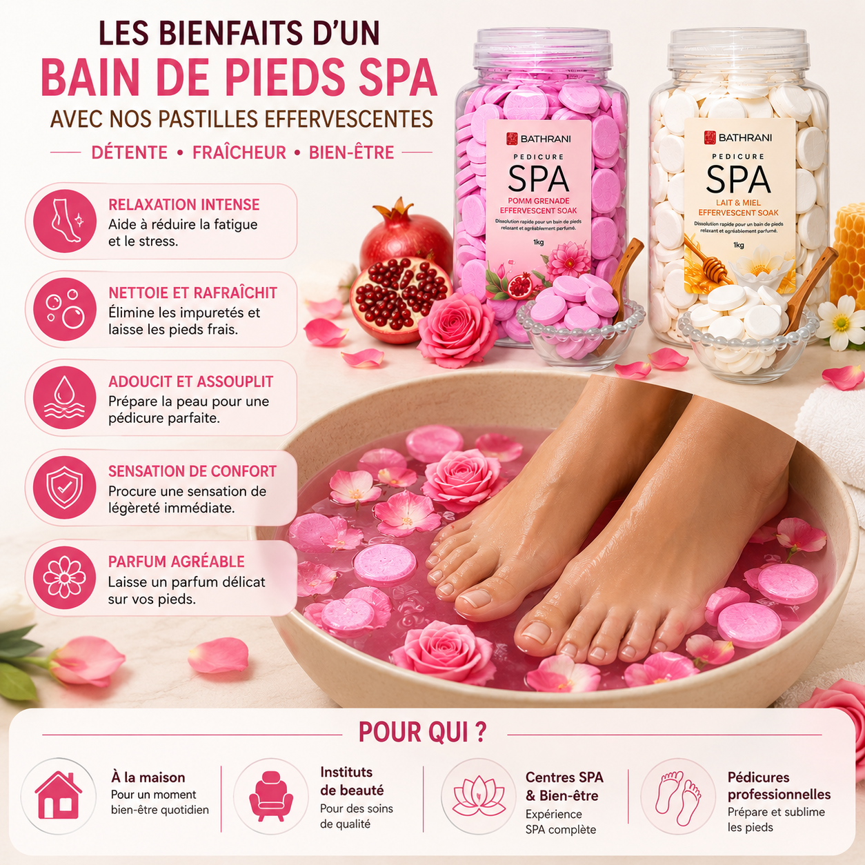 Pastilles Effervescentes Spa Pédicure 1KG – Bain De Pieds Relaxant Rose Ou Lait & Miel