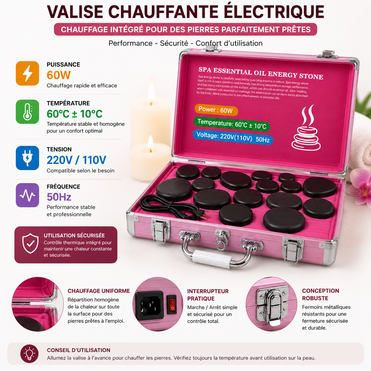 Kit de 16 Pierres Chaudes avec Valise Chauffante Électrique – Massage Spa