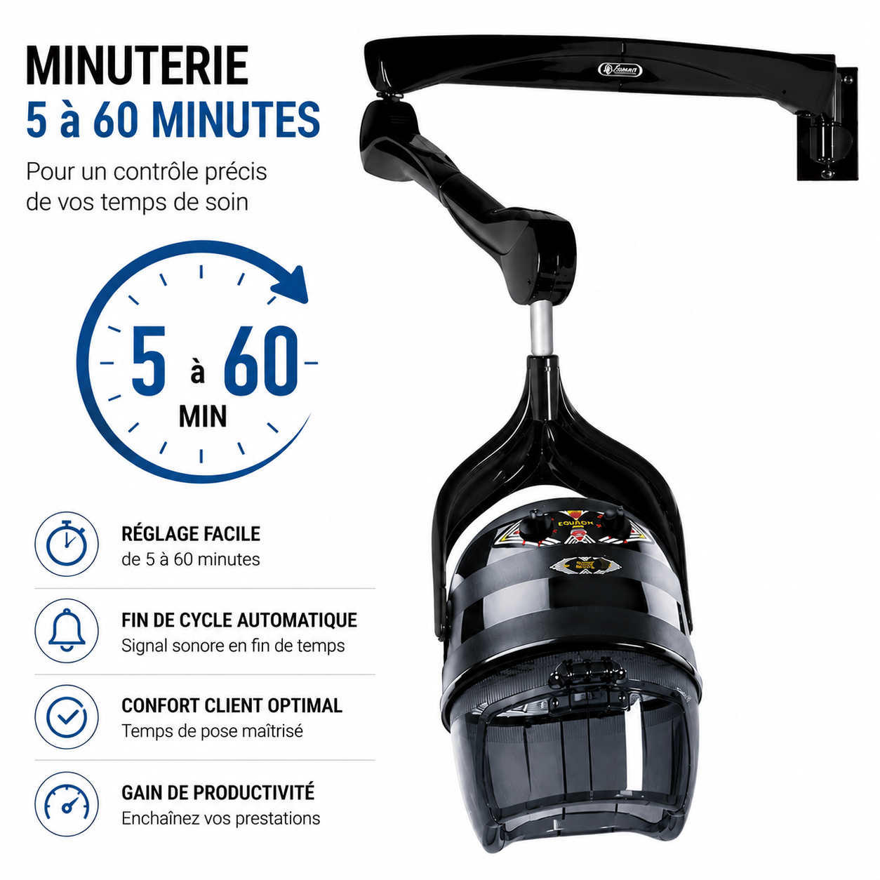 Casque Sèche-Cheveux Professionnel Mural Equator 3000 Noir – 930W, 2 Vitesses, Température Réglable 20 à 70°C