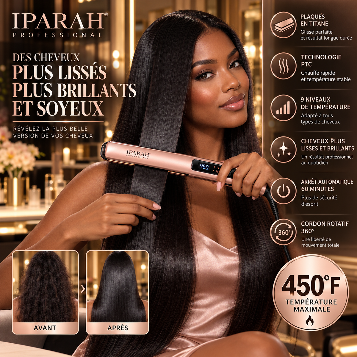 IPARAH P-122 – Lisseur Professionnel Titanium à Plaques en Titane – Chauffe Rapide PTC, Écran LED et Température Réglable – Rose Gold