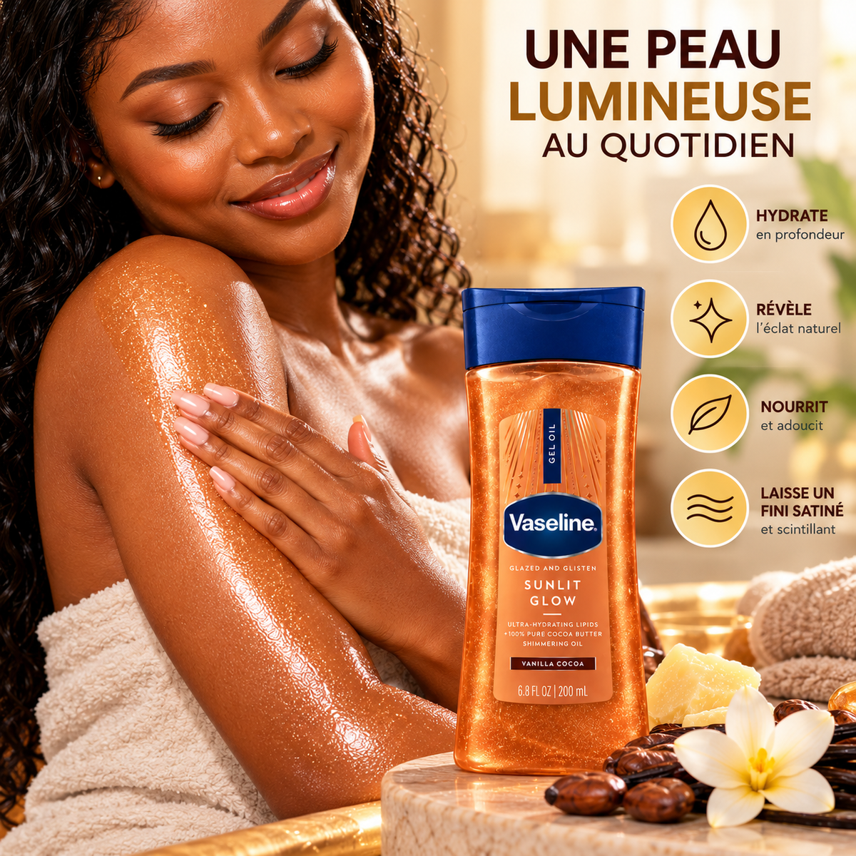 Vaseline Glazed & Glisten Sunlit Glow – Gel-Huile Corporel Hydratant au Beurre de Cacao – Vanilla Cocoa – 200 ml