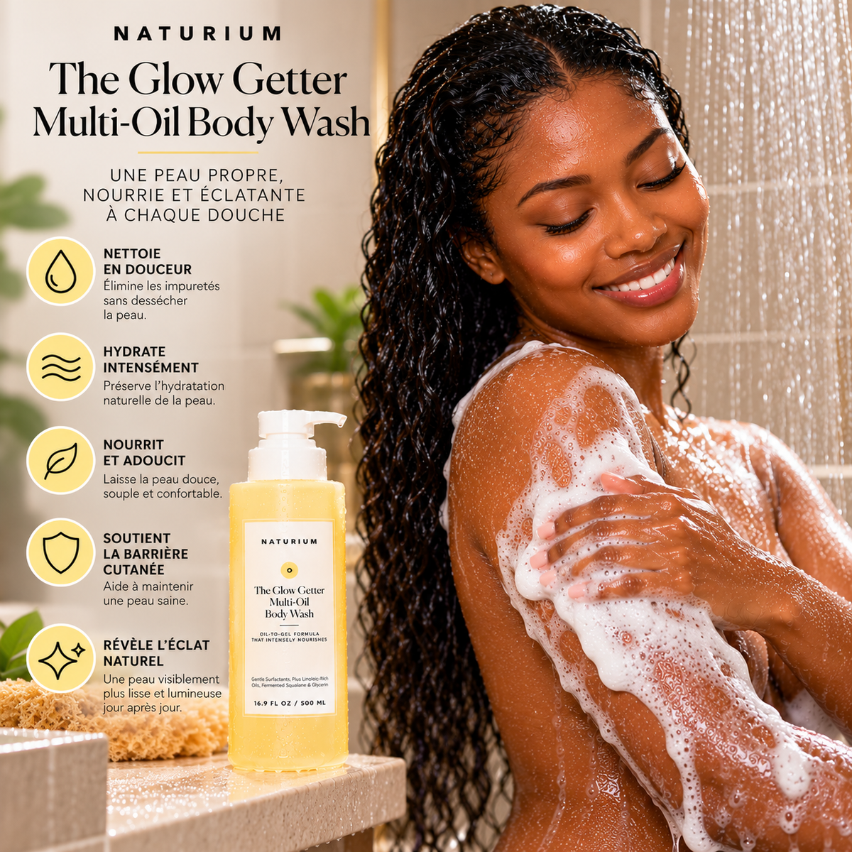 NATURIUM The Glow Getter Multi-Oil Body Wash – Gel Douche Nourrissant aux Huiles & Squalane – 500 ml