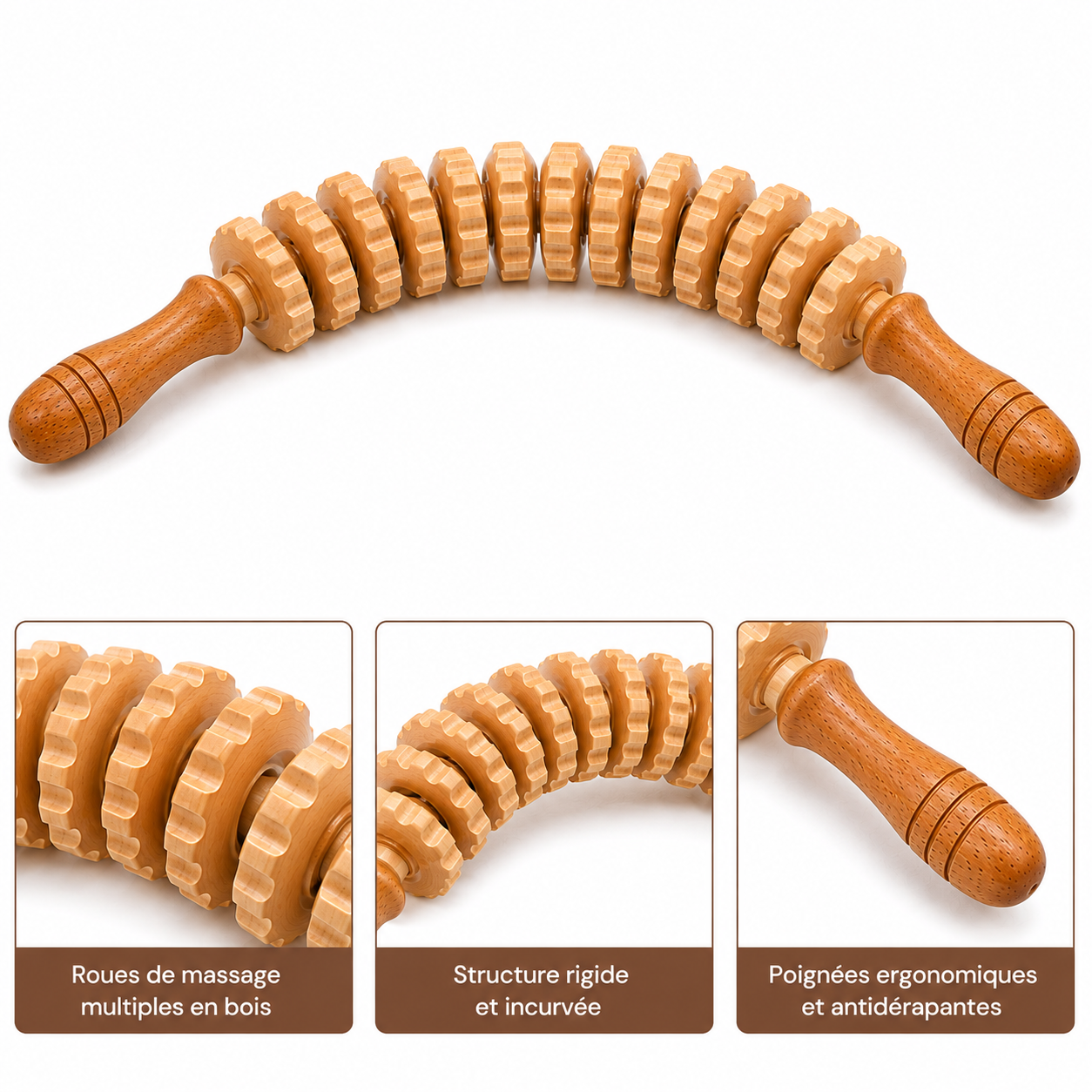 Rouleau de Massage Corporel en Bois Incurvé 45 cm – 12 Roues & Poignées Ergonomiques