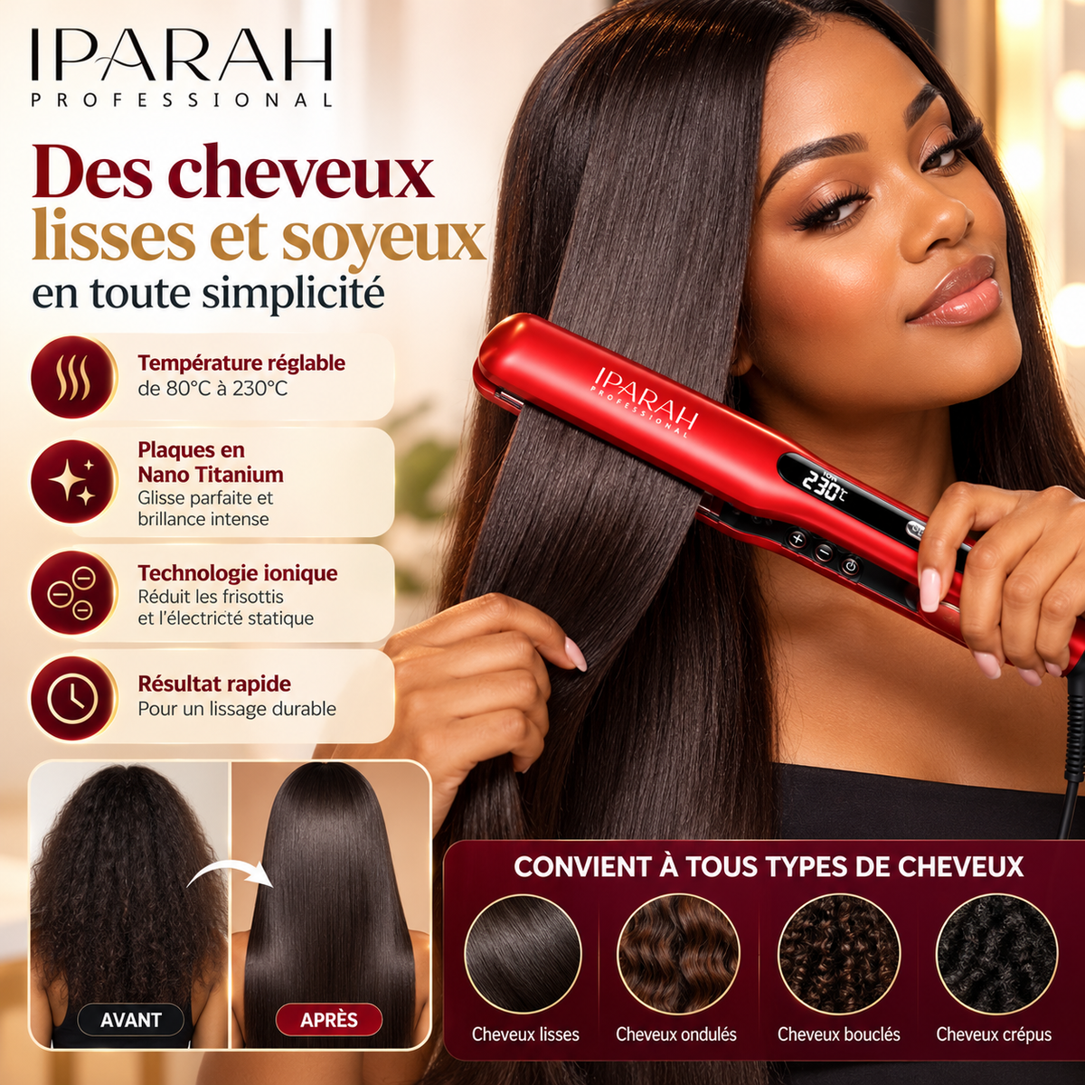 IPARAH Nano Titanium P-108 – Lisseur Professionnel à Plaques Larges 43 mm avec Écran Digital – Rouge