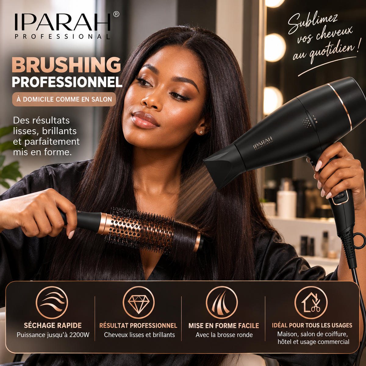 IPARAH P-350 – Sèche-Cheveux Professionnel Ionique 2200W, Moteur AC, 2 Vitesses, 3 Températures, Noir & Or Rose