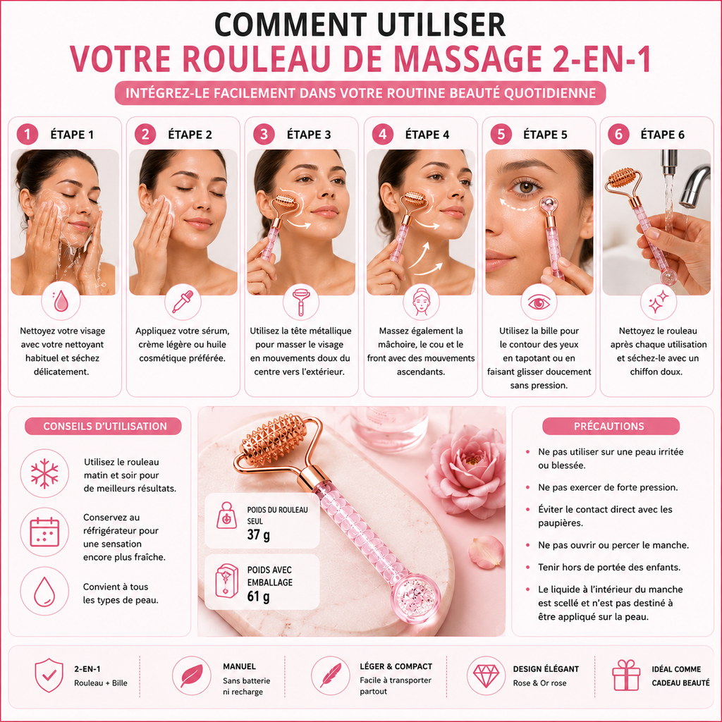 Rouleau de Massage Facial 2-en-1 avec Bille Rafraîchissante pour le Contour des Yeux
