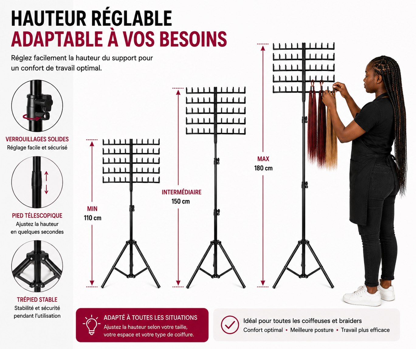 Support Professionnel Réglable pour Tresses et Extensions de Cheveux – Organisateur 60 Emplacements sur Trépied