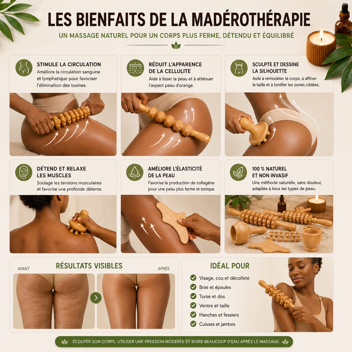 Kit Professionnel de Madérothérapie en Bois – 6 Pièces pour Massage & Modelage Corporel