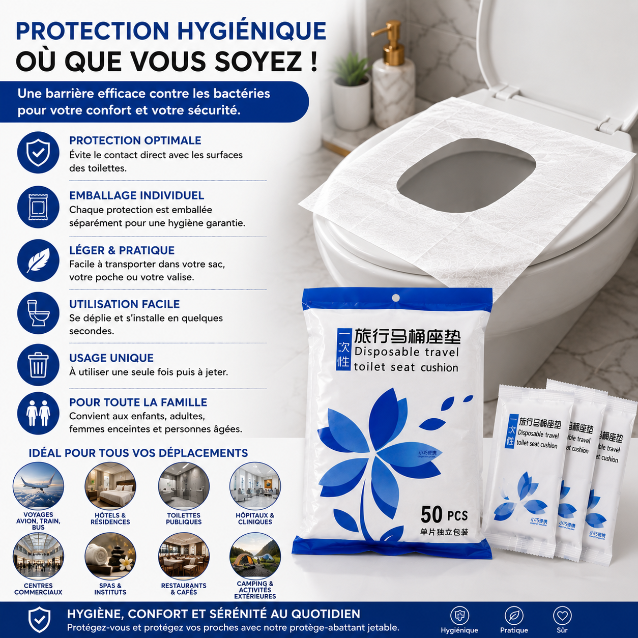 Protège-Abattant WC Jetable 50 Pièces – Protection Hygiénique Individuelle