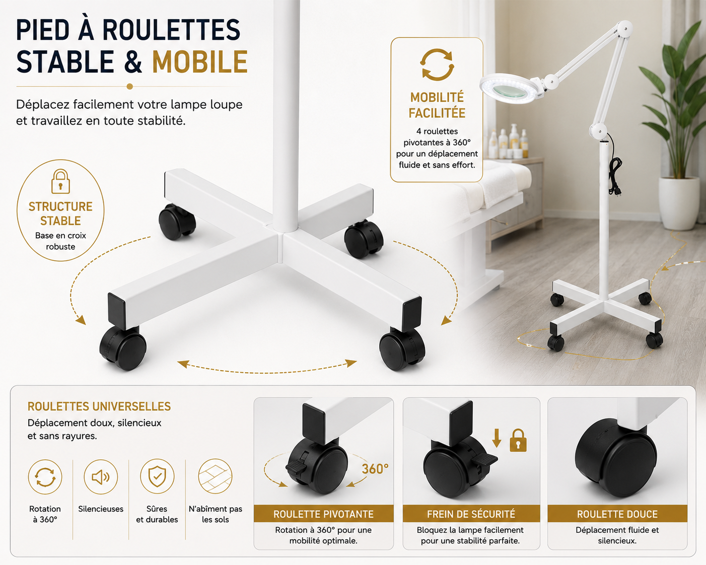Lampe Loupe LED Professionnelle sur Pied à Roulettes – Grossissement jusqu’à 10X pour Esthétique et Soins