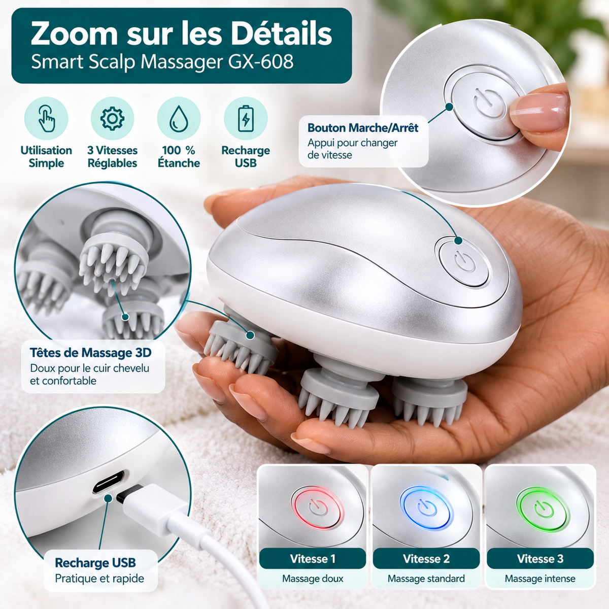 Masseur Électrique du Cuir Chevelu GX-608 – Appareil de Massage Crânien 3D Relaxant – 5W – Blanc