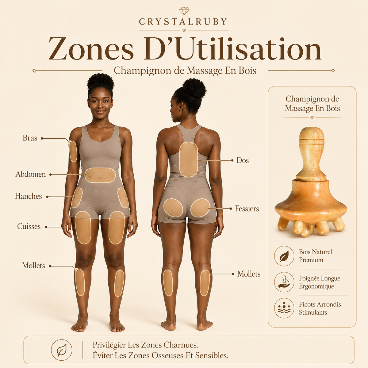 Champignon de Massage en Bois à Manche Long &amp; Picots Arrondis – Madérothérapie Corps