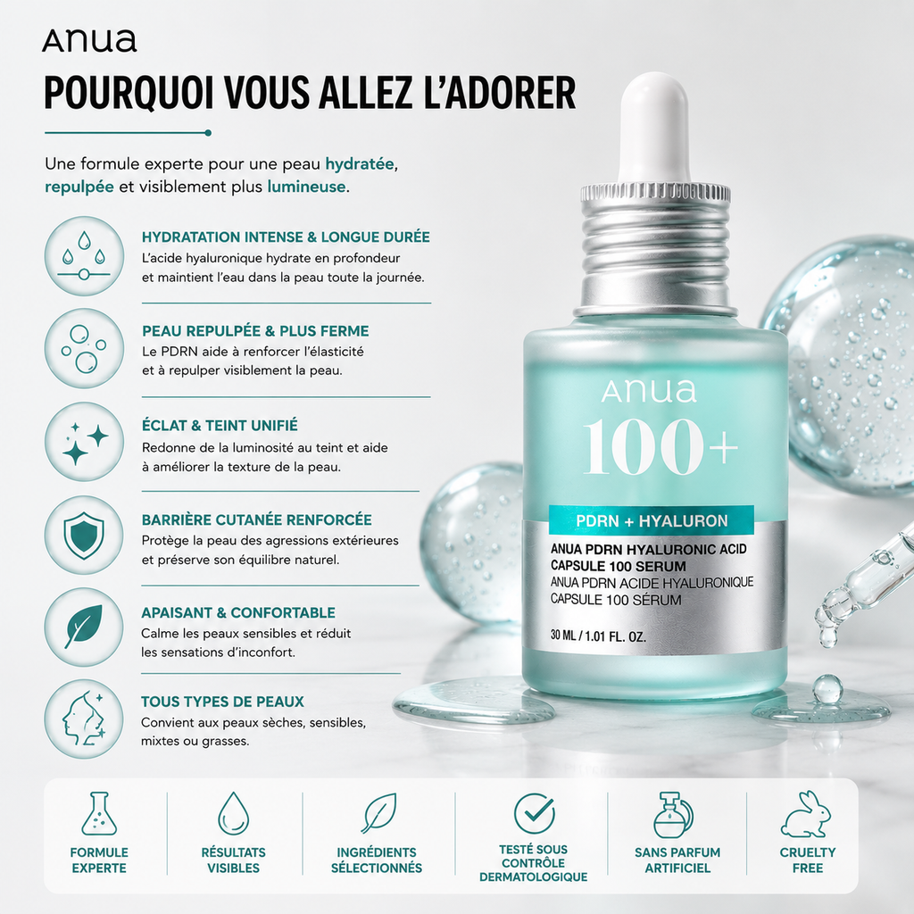 ANUA PDRN Hyaluronic Acid Capsule 100 Serum – Sérum Hydratant Repulpant – 30 ml