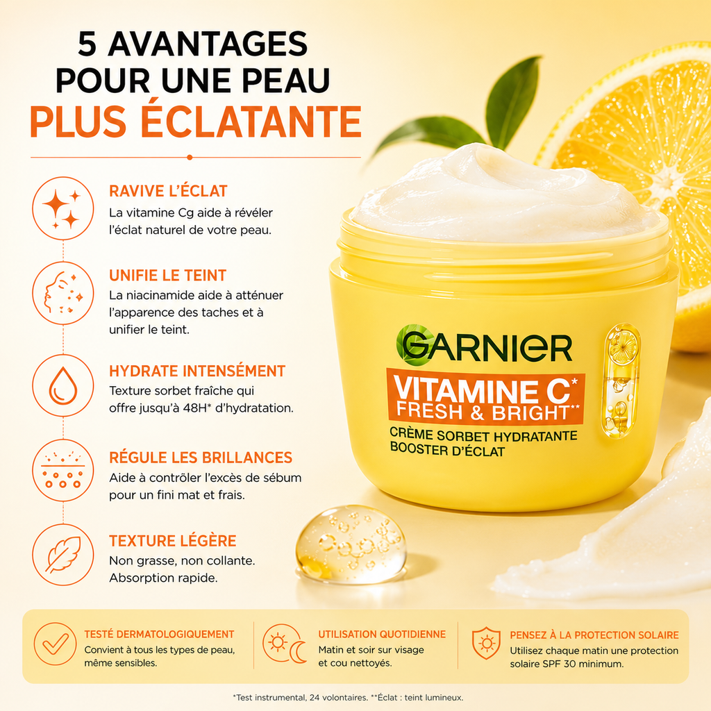 Garnier Vitamine C Fresh & Bright Crème Sorbet Hydratante Booster d’Éclat – 85 ml