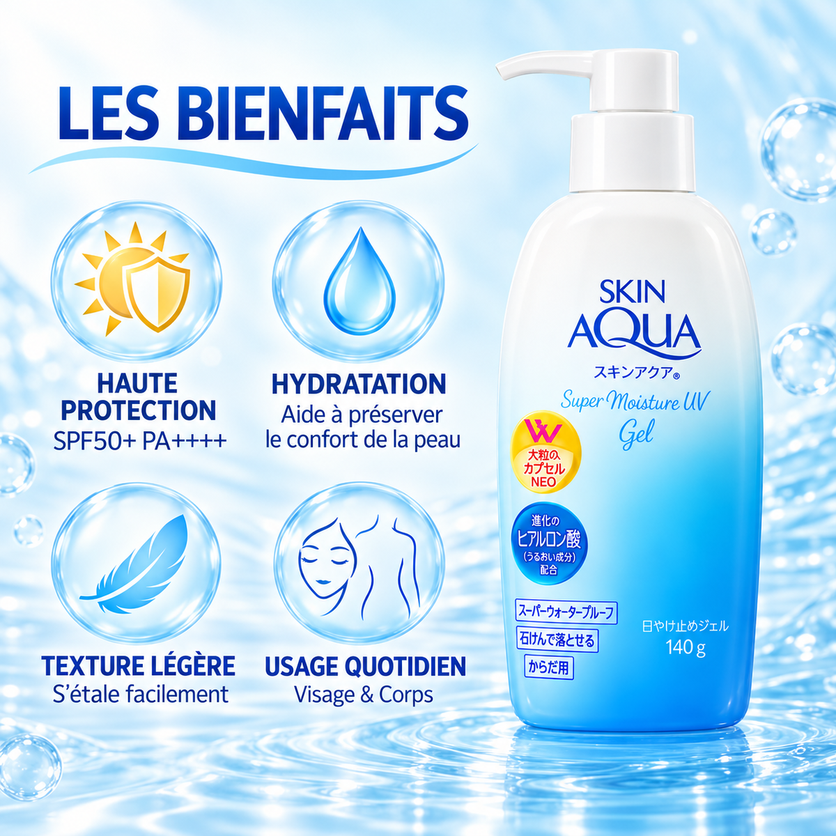Skin Aqua Super Moisture UV Gel SPF50+ PA++++ – Gel Solaire Hydratant Visage & Corps 140 g
