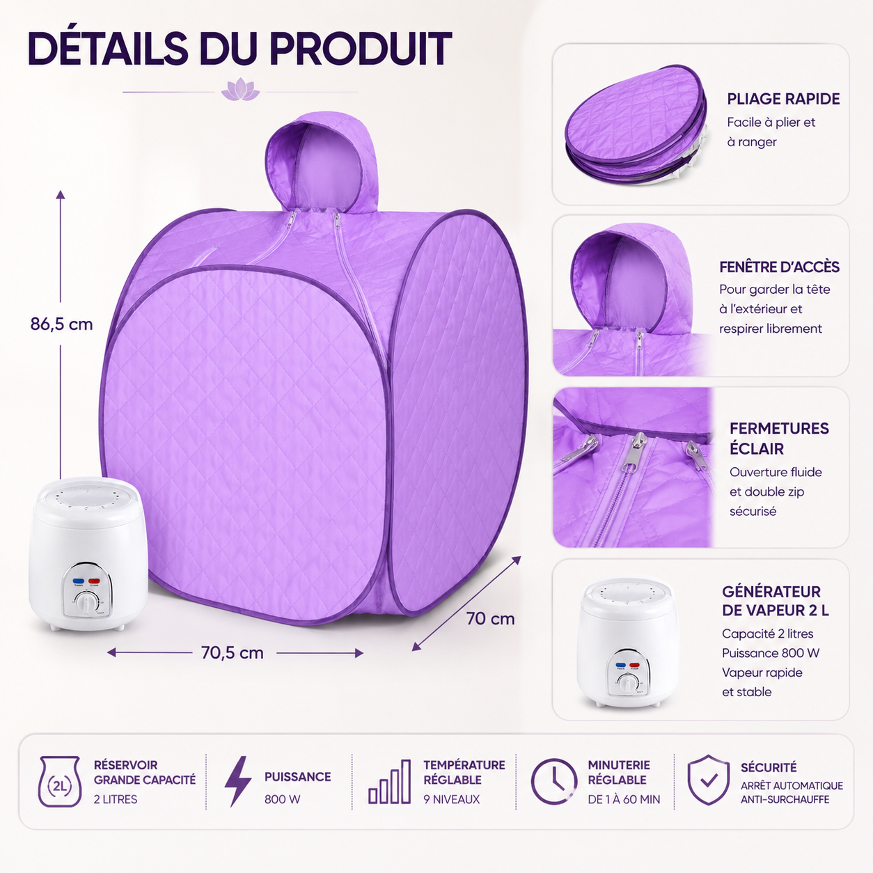 Cabine Sauna Portable à Vapeur 2 L – Sauna Personnel Pliable avec Télécommande