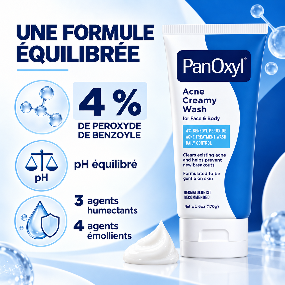 PanOxyl Acne Creamy Wash 4 % – Nettoyant Crémeux Anti-Imperfections Visage & Corps – 170 g