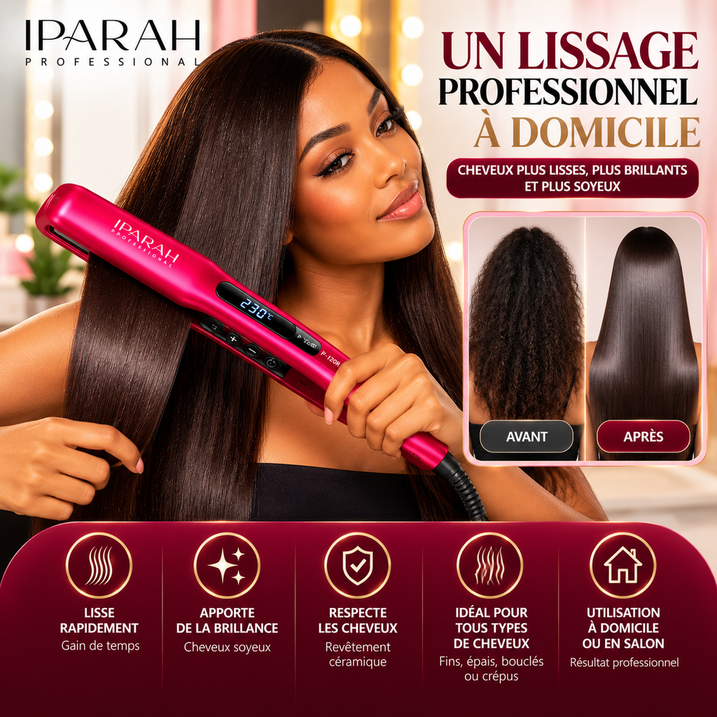 IPARAH P-120R – Lisseur Professionnel à Plaques Extra-Larges 62 mm en Céramique – Écran Digital – Rose Fuchsia