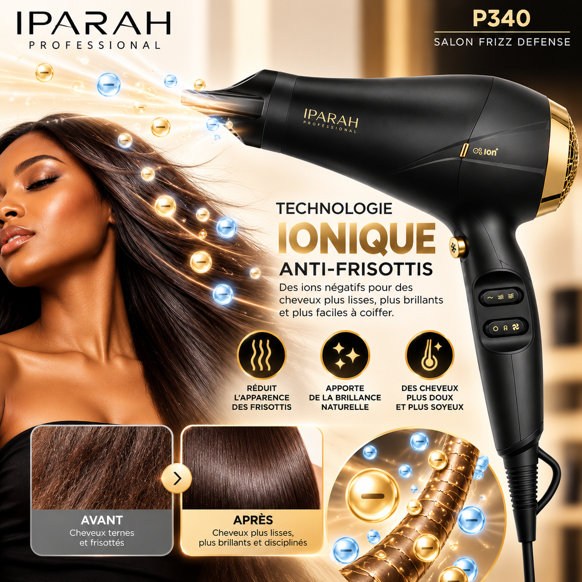 Sèche-Cheveux Professionnel IPARAH P340 – 2400W, Moteur AC, Ionique, 2 Vitesses, 3 Températures & Air Froid