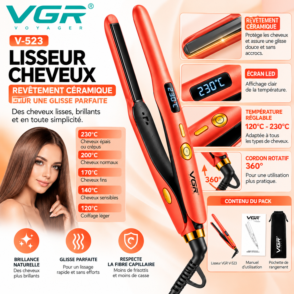 VGR V-523 – Lisseur Professionnel Céramique à Plaques Fines 9 mm, Température Réglable 120–230 °C, Écran LED – Rose Gold