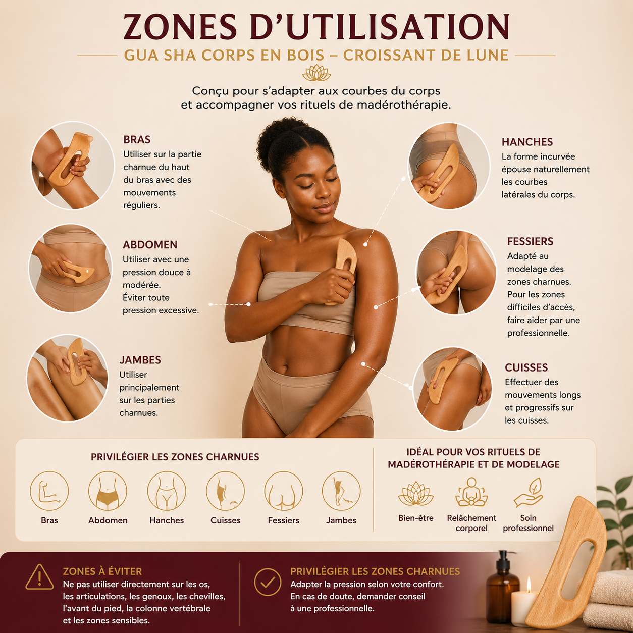Gua Sha Corps en Bois Forme Croissant de Lune – Madérothérapie