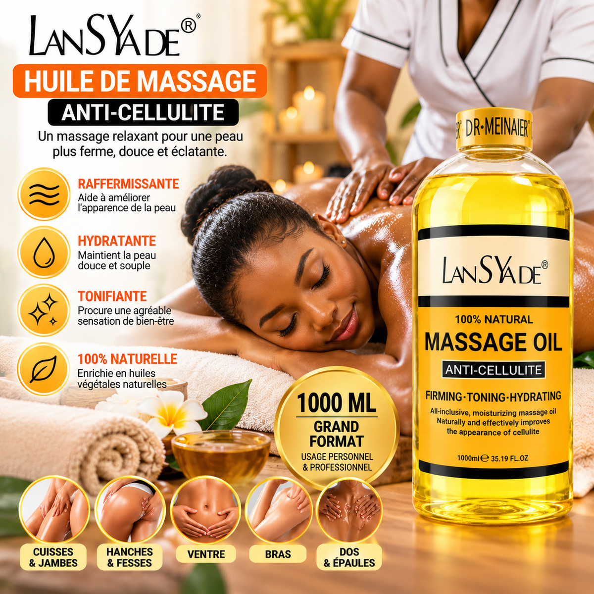 LANSYADE Huile de Massage Corps Anti-Cellulite 1000 ml – Raffermissante & Hydratante