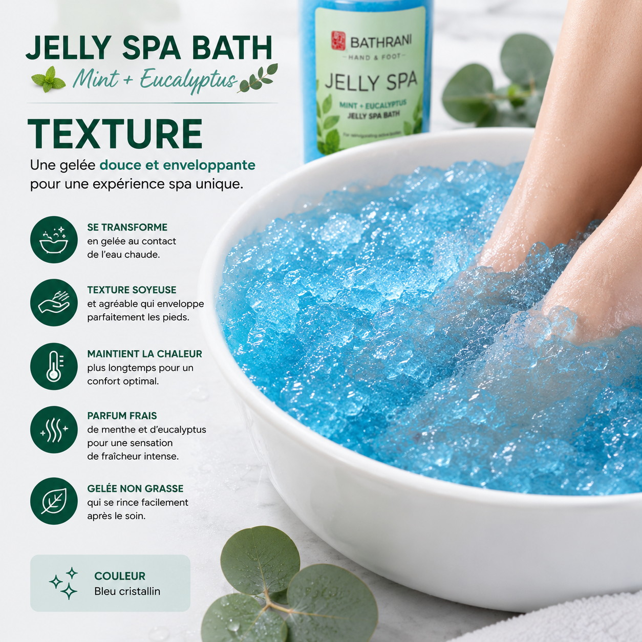 Bathrani Jelly Spa Bath – Mint + Eucalyptus | Bain de Pieds En Gelée Rafraîchissant 230 g