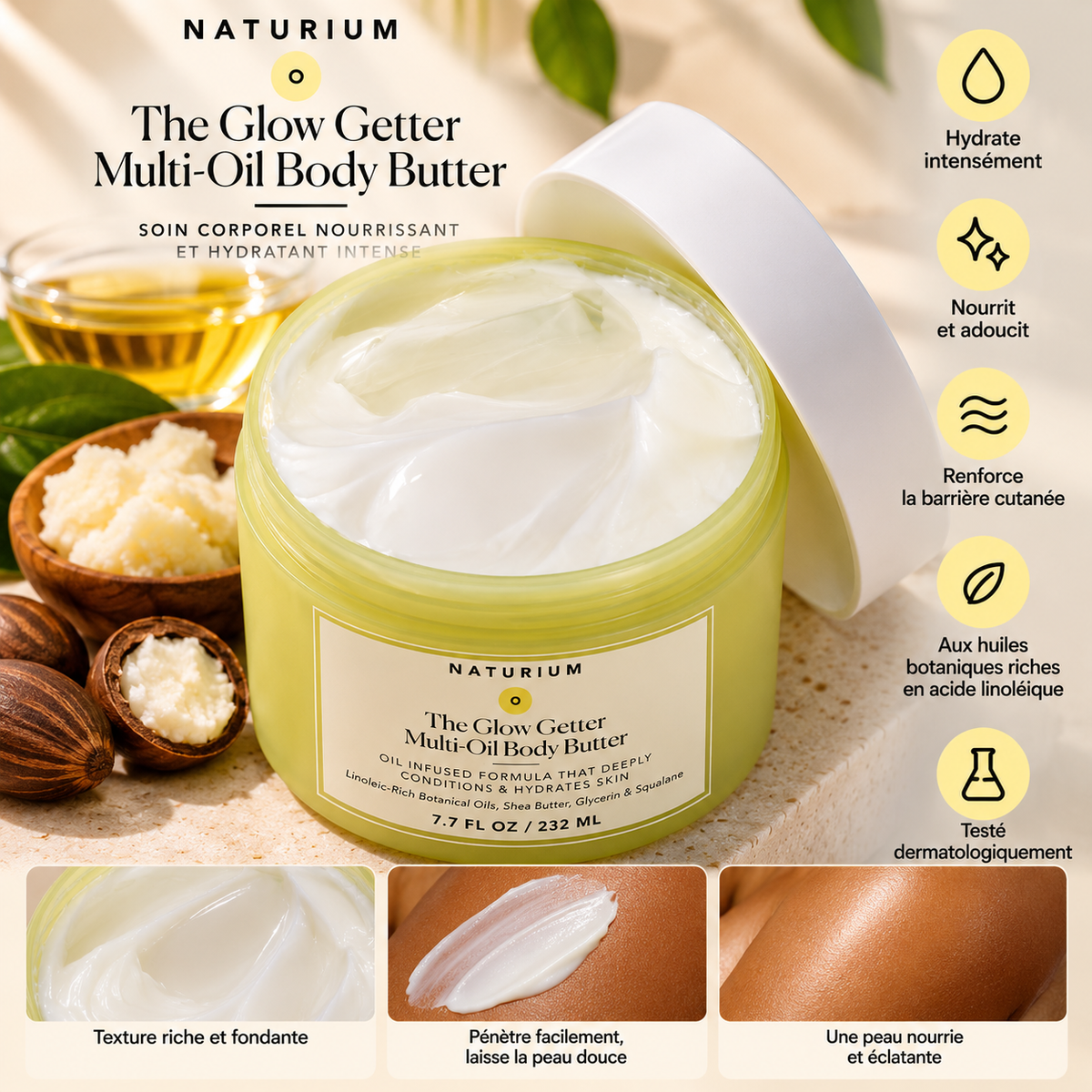 NATURIUM The Glow Getter Multi-Oil Body Butter – Beurre Corporel Nourrissant & Hydratant aux Huiles Végétales – 232 ml