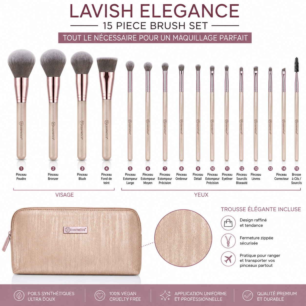 BH Cosmetics Lavish Elegance – Set de 15 Pinceaux Maquillage avec Trousse