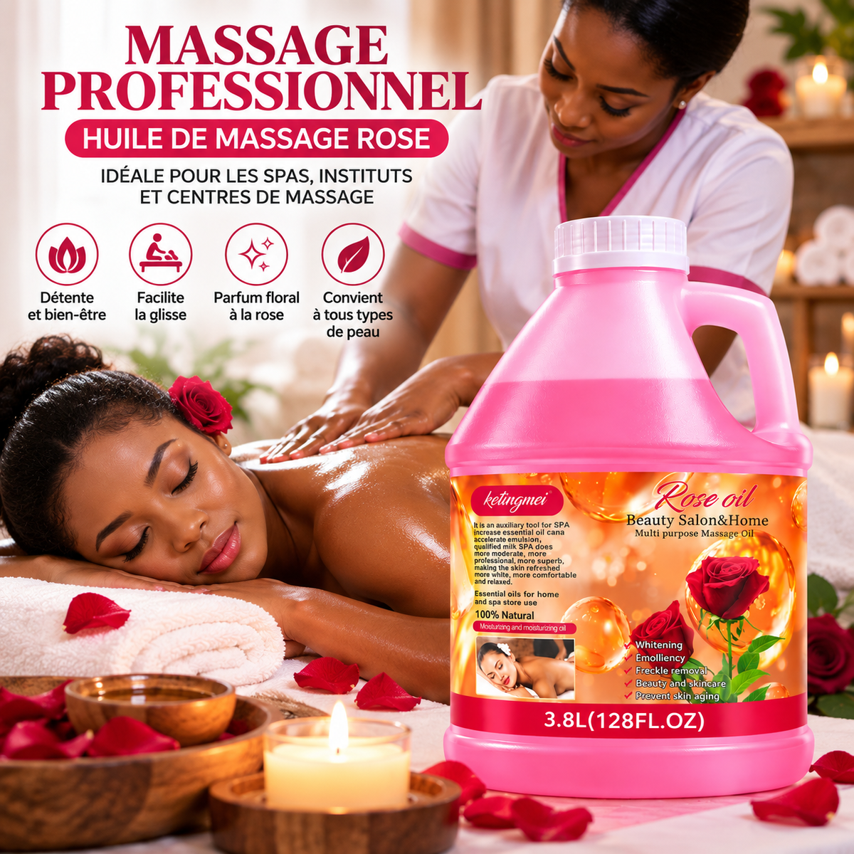 Ketingmei Huile de Massage Corps à la Rose – Grand Format Professionnel 3,8 L