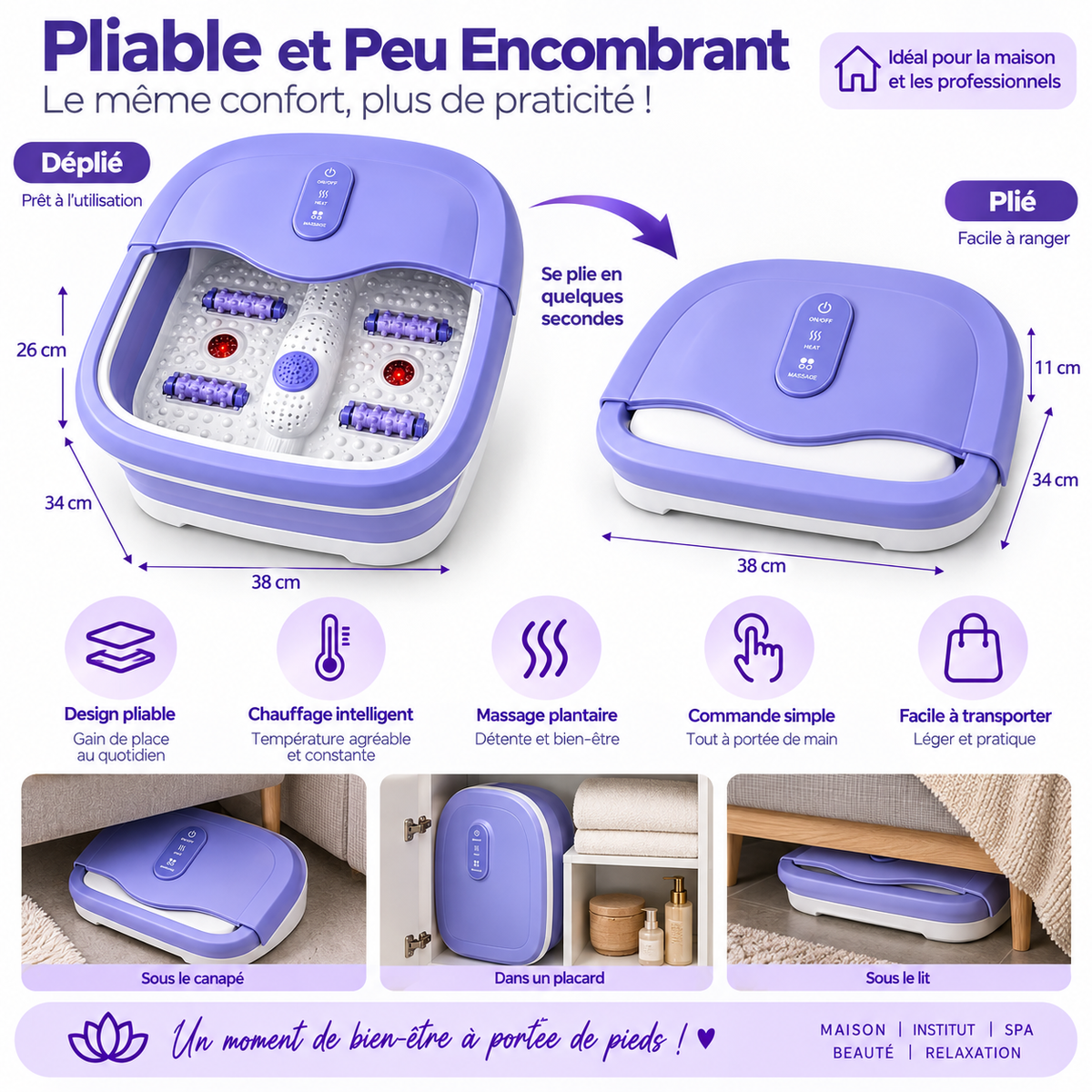 Bain de Pieds Pliable Chauffant avec Massage – Spa Pédicure Électrique