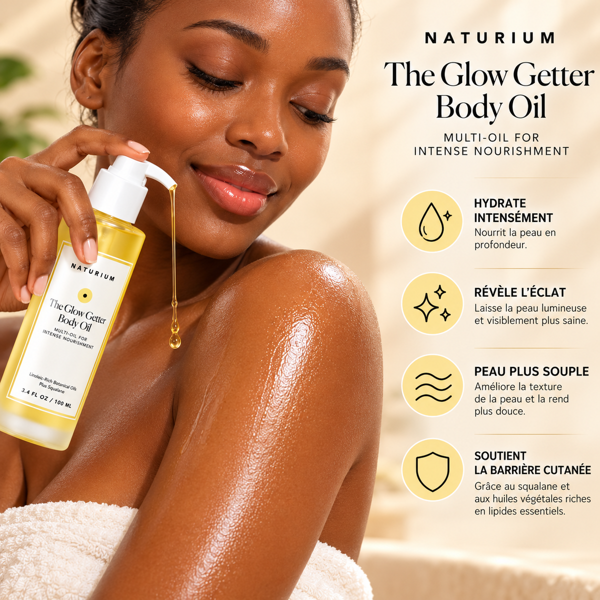 NATURIUM The Glow Getter Body Oil – Huile Corporelle Nourrissante Multi-Huiles au Squalane – Hydratation Intense & Éclat – 100 ml