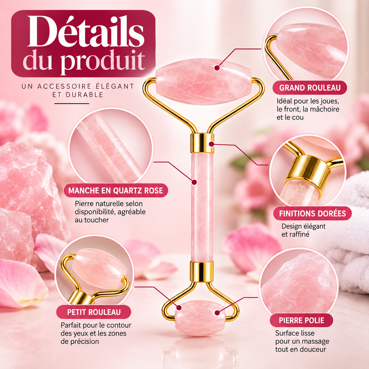 Roller Visage Double Embout en Quartz Rose – Rouleau de Massage Facial
