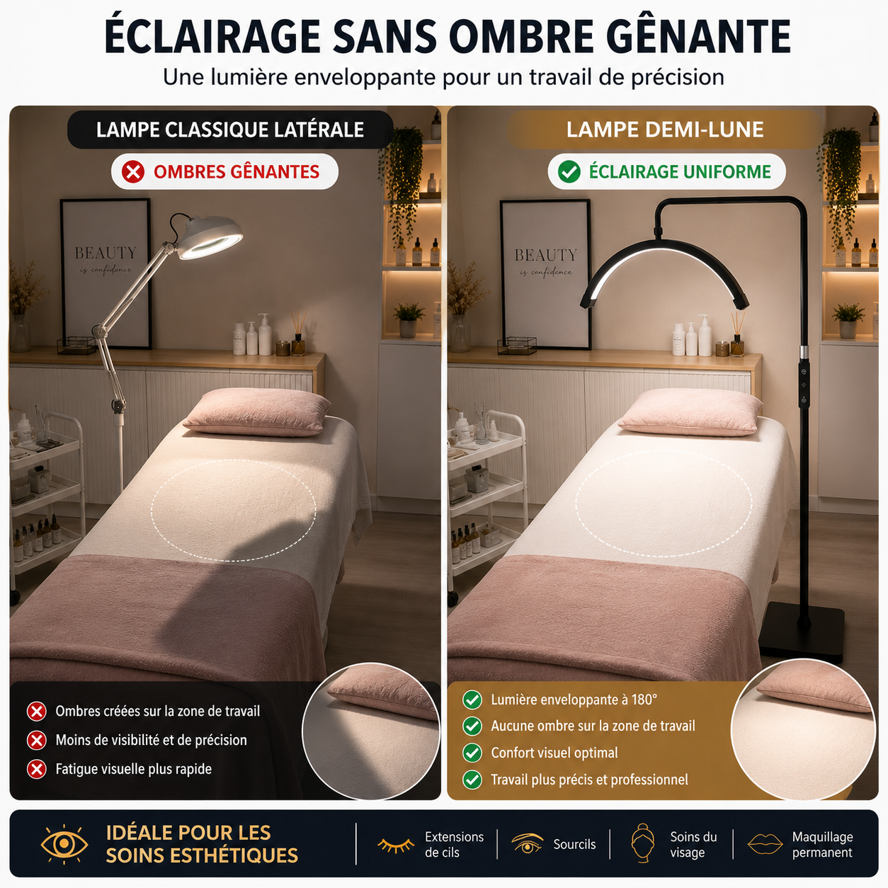 Lampe LED Demi-Lune sur Pied pour Esthéticienne – Éclairage Réglable Professionnel Lash & Beauté
