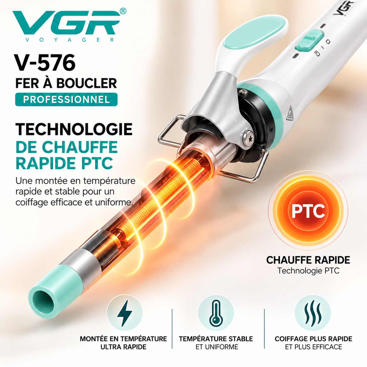 VGR V-576 – Fer À Boucler Professionnel Céramique 10 mm, Boucles Serrées Et Définies, Chauffe Rapide PTC, 2 Températures Jusqu'à 220 °C – Blanc