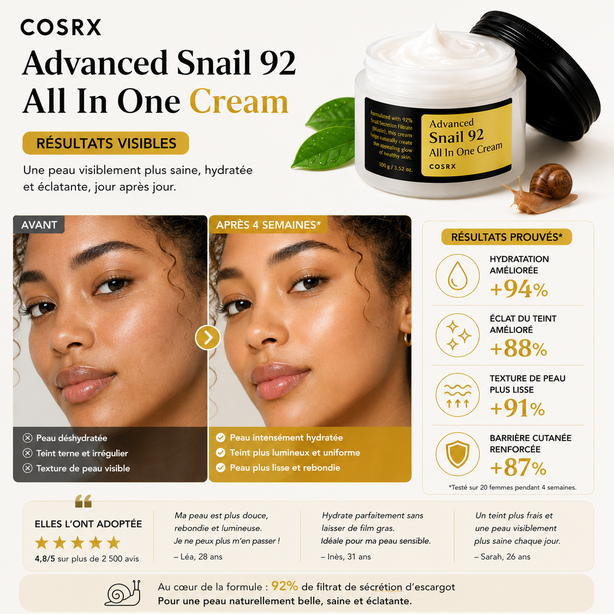 COSRX Advanced Snail 92 All In One Cream – Crème Réparatrice 100g