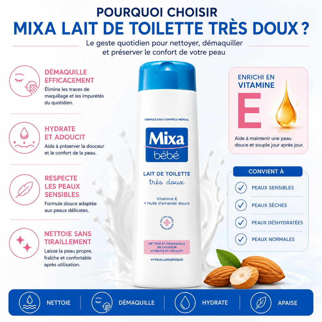 Mixa Lait De Toilette Très Doux 300ml – Nettoyant & Démaquillant Doux Pour Peaux Sensibles