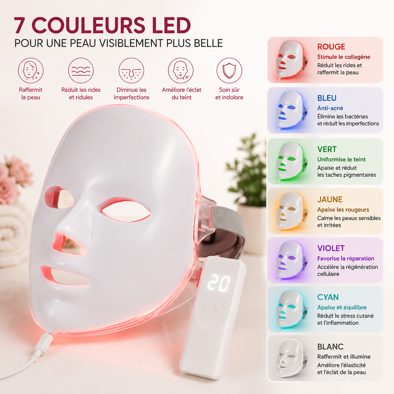 Masque LED Visage 7 Couleurs – Luminothérapie Anti-Âge avec Télécommande