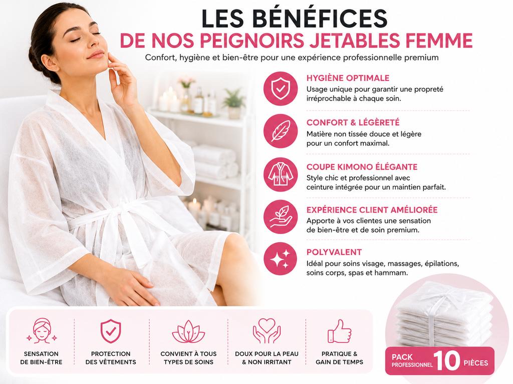 Pack de 10 Peignoirs Jetables Femme – Kimono Blanc Non Tissé pour Spa, Institut & Esthétique