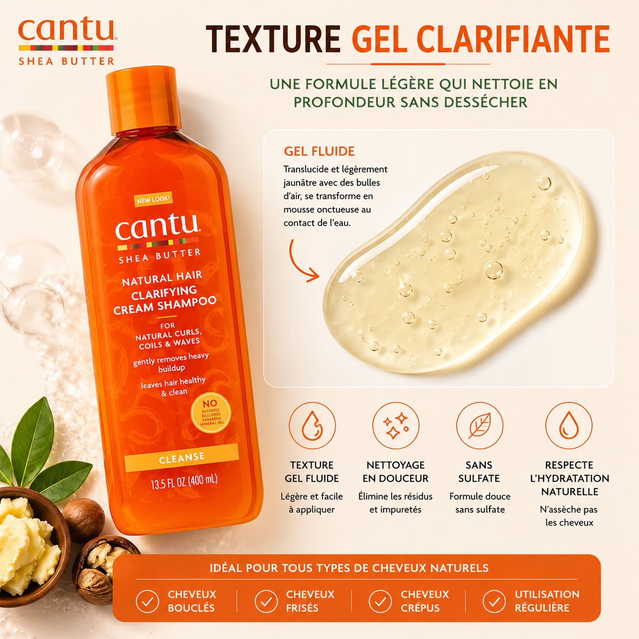 Cantu Shea Butter Natural Hair Clarifying Cream Shampoo – Shampooing Clarifiant Hydratant Sans Sulfate Pour Cheveux Bouclés, Frisés & Crépus