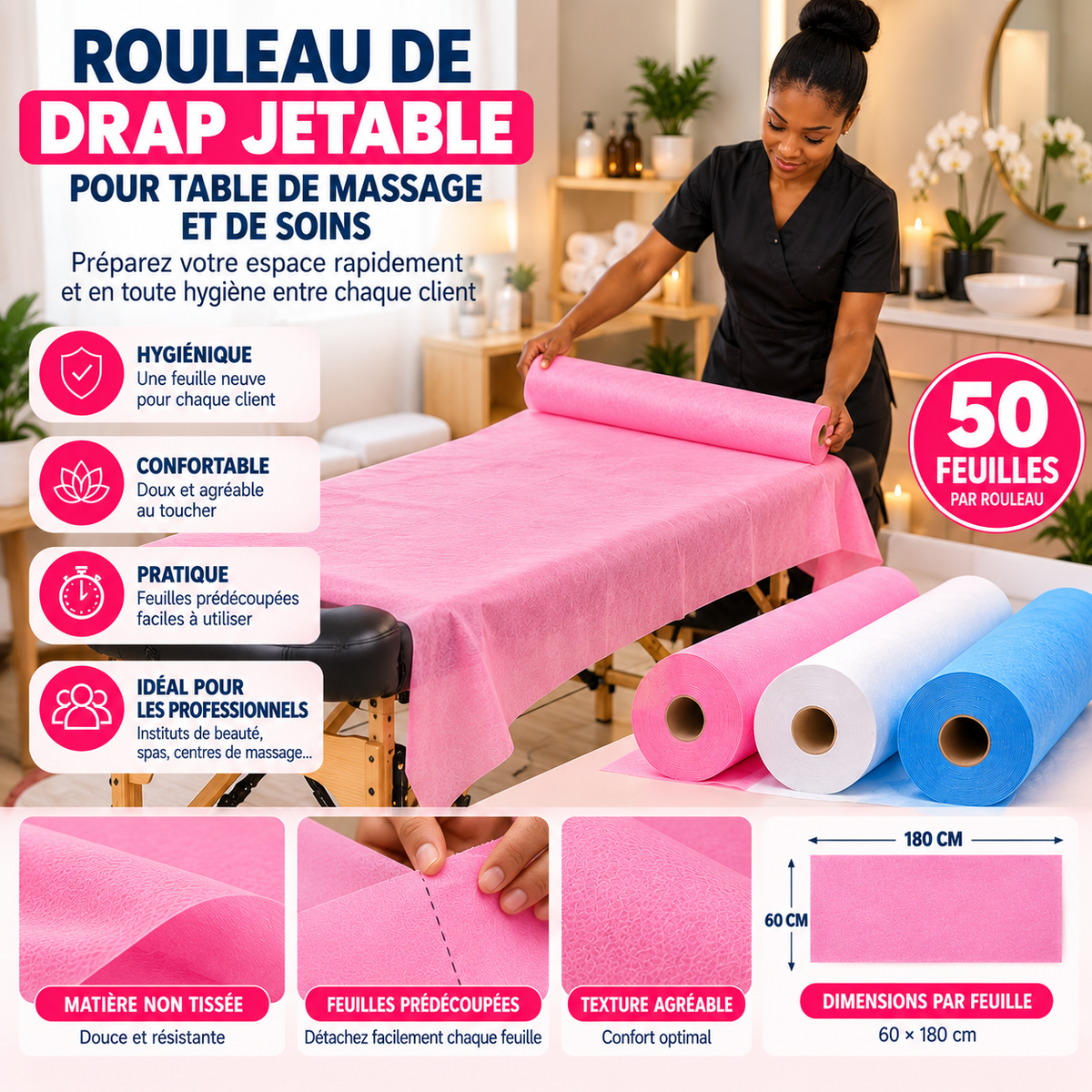 Rouleau Drap Jetable Table de Massage 50 Feuilles 60 x 180 cm - Rose Blanc Bleu
