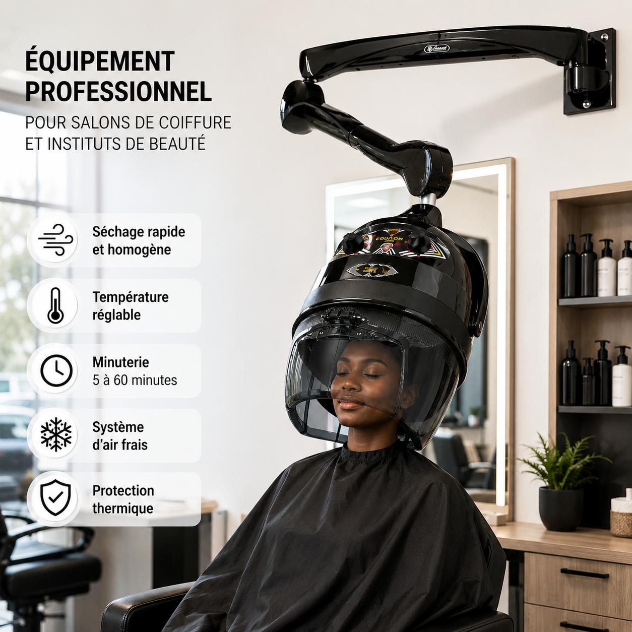 Casque Sèche-Cheveux Professionnel Mural Equator 3000 Noir – 930W, 2 Vitesses, Température Réglable 20 à 70°C