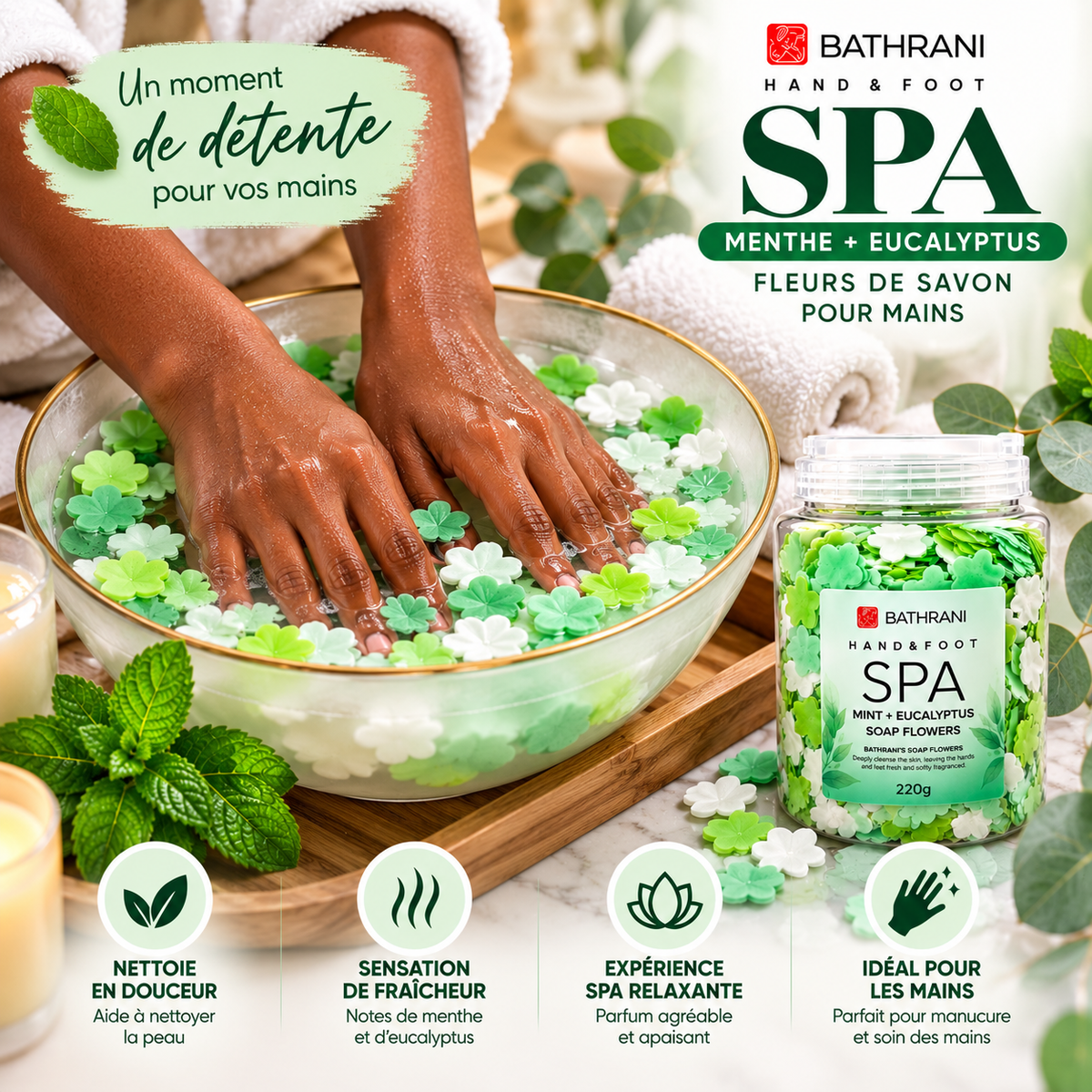 BATHRANI Fleurs de Savon Spa Menthe & Eucalyptus Mains & Pieds 220 g / 800g