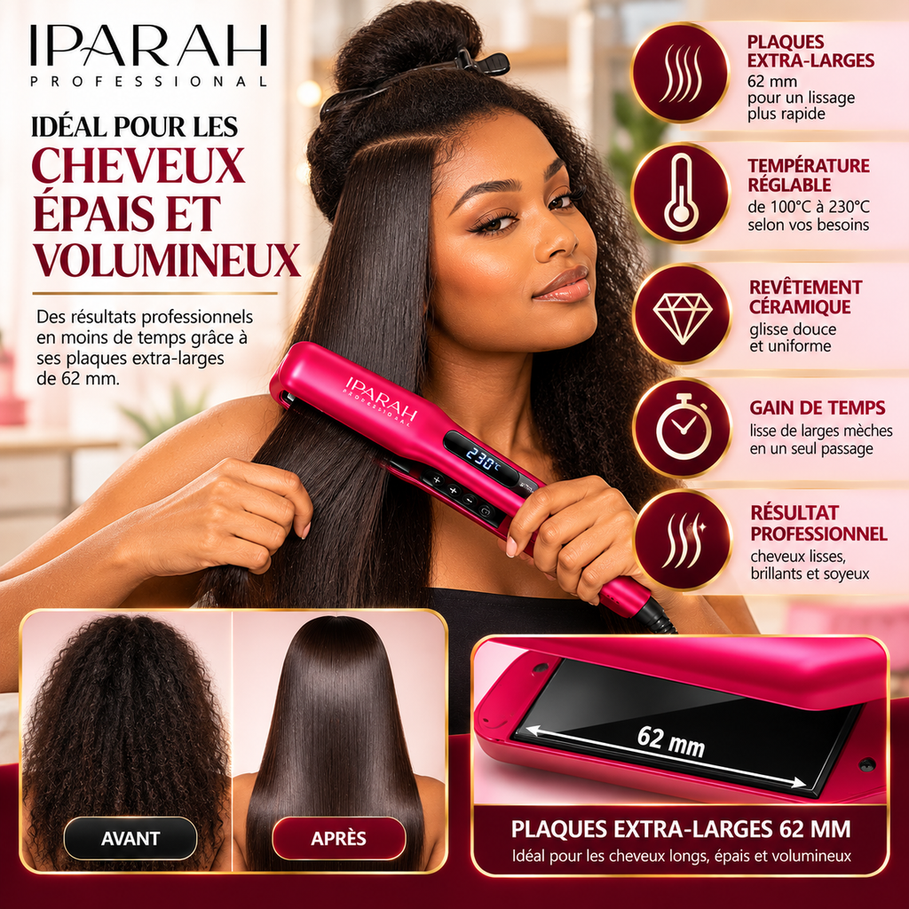 IPARAH P-120R – Lisseur Professionnel à Plaques Extra-Larges 62 mm en Céramique – Écran Digital – Rose Fuchsia