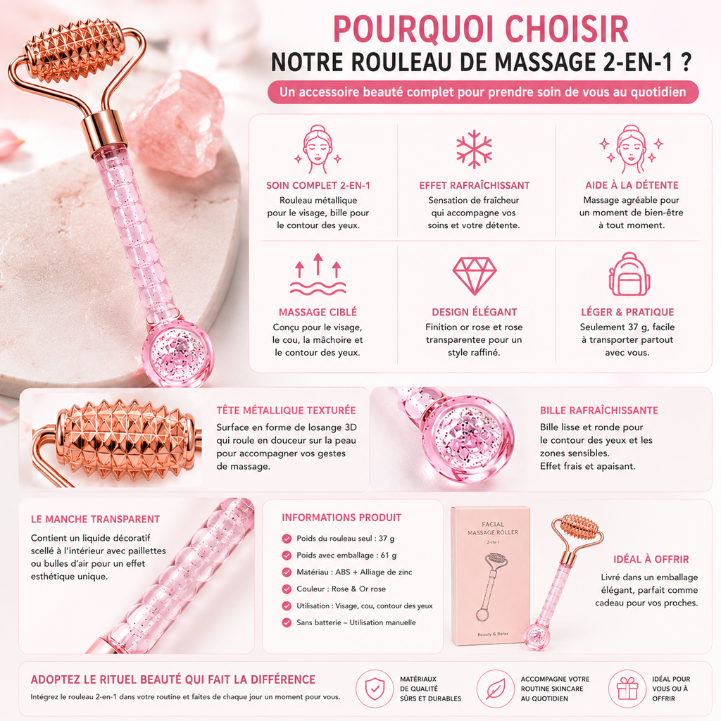 Rouleau de Massage Facial 2-en-1 avec Bille Rafraîchissante pour le Contour des Yeux