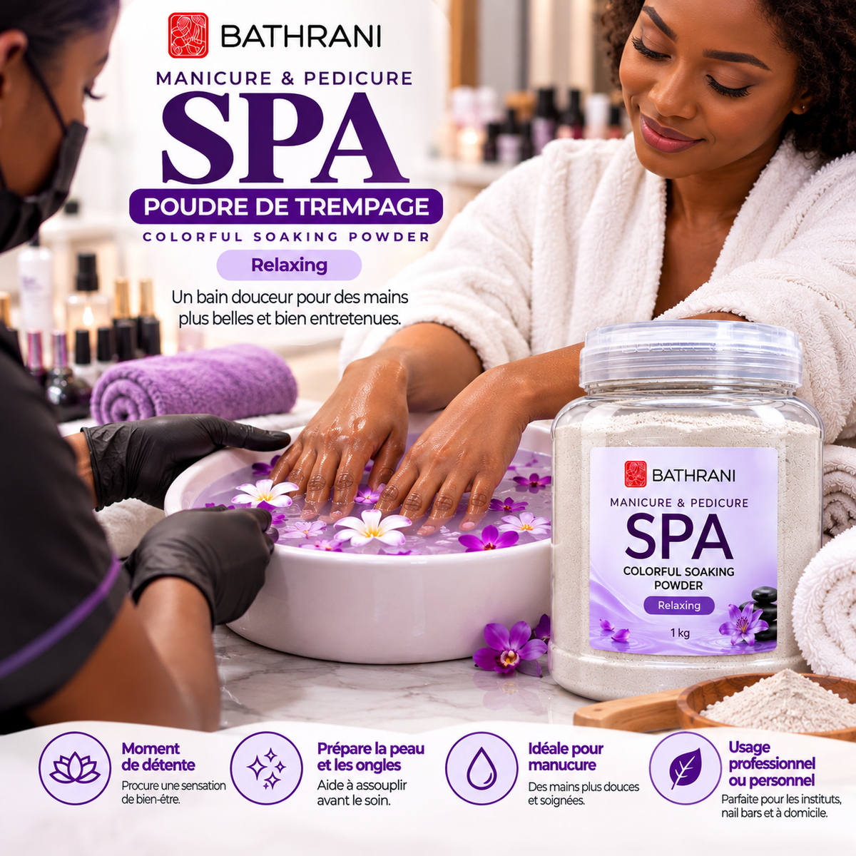 BATHRANI Poudre de Trempage SPA Manucure & Pédicure Relaxing – 1 kg