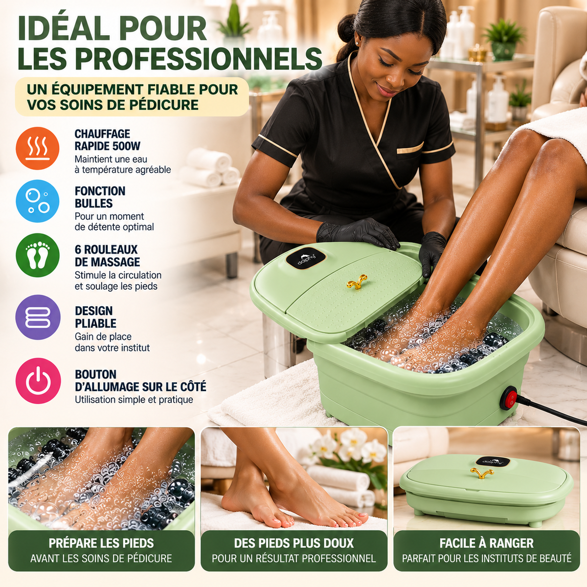 Bain de Pieds Électrique Pliable 10L – Spa Chauffant 500W avec Bulles et Rouleaux de Massage – Vert Sauge