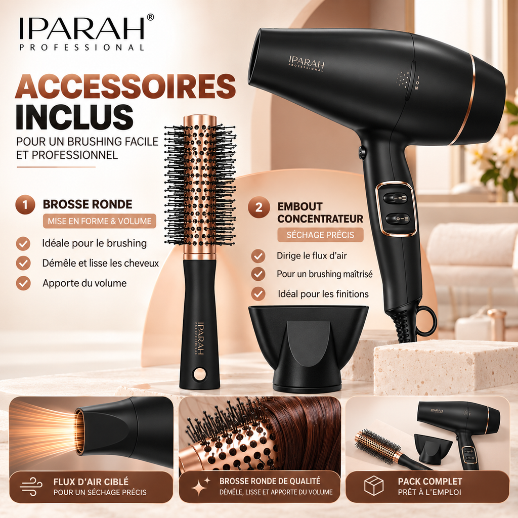 IPARAH P-350 – Sèche-Cheveux Professionnel Ionique 2200W, Moteur AC, 2 Vitesses, 3 Températures, Noir & Or Rose